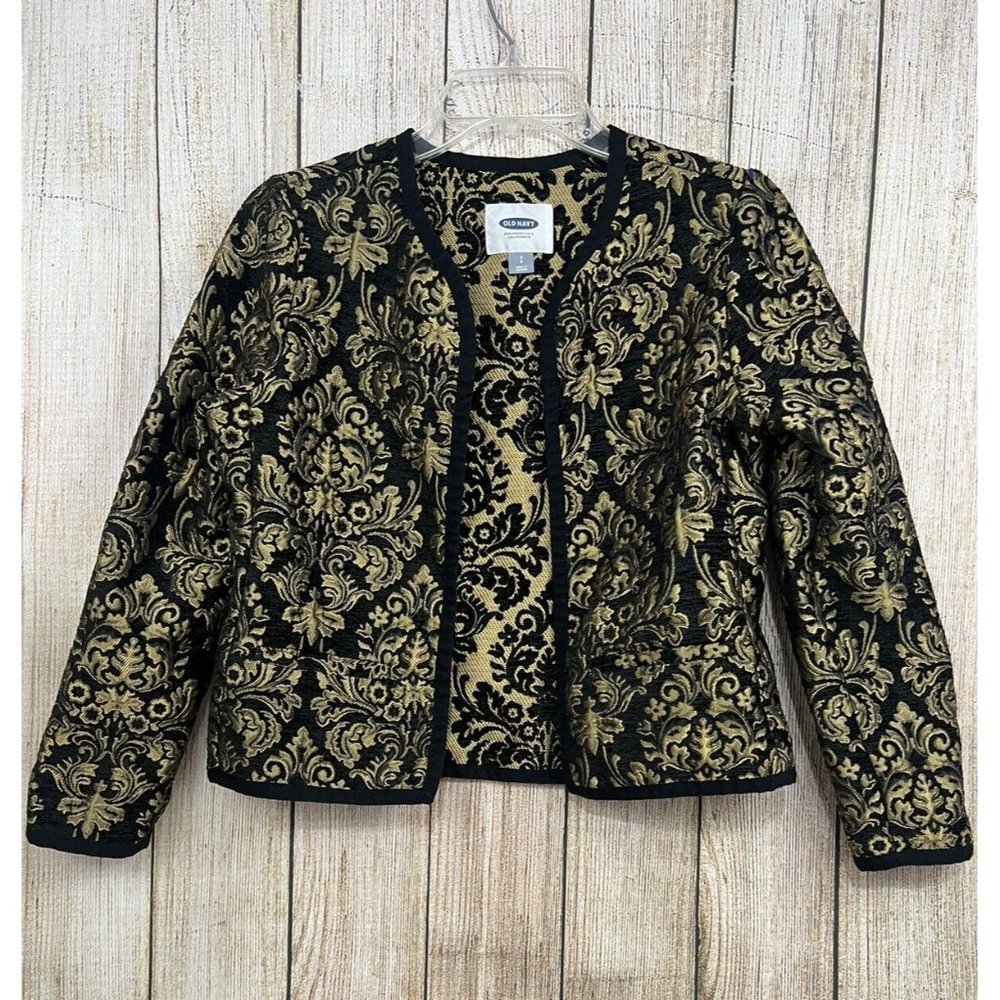 Women Brocade Jacket Sz S Black Gold Open Front Formal Party Elegant Jacquard - Picture 2 of 7